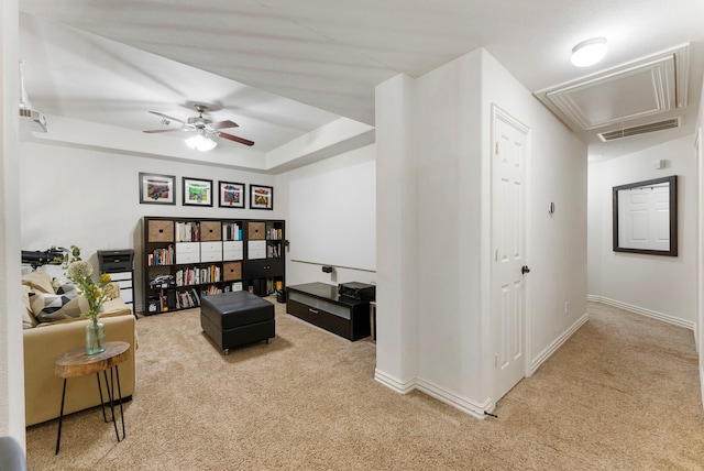 27 Medley Ln, The Woodlands, TX 77382 - sitting room featuring attic access, carpet flooring, and ceiling fan