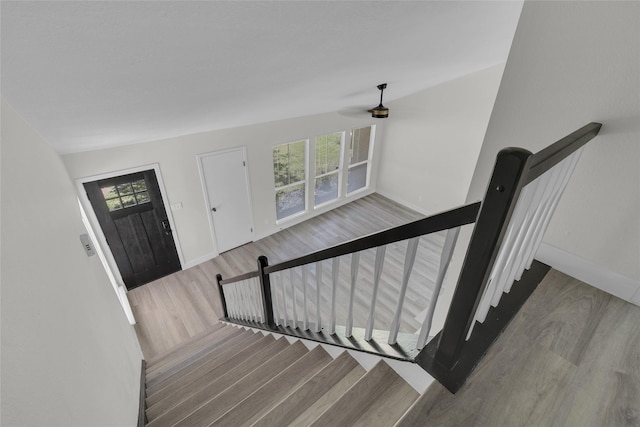 18010 Santolina Ln, Katy, TX 77449 - stairs with wood finished floors, baseboards, plenty of natural light, and ceiling fan