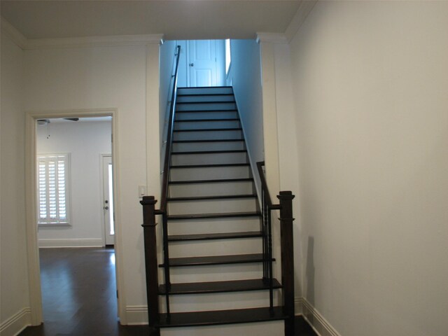 2405 Keene St, Houston, TX 77009 - stairs with baseboards, crown molding, and wood finished floors