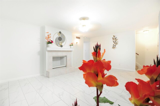 4164 Belle Park Dr Unit 4164, Houston, TX 77072 - living room with marble finish floors, a fireplace, stairs, and baseboards