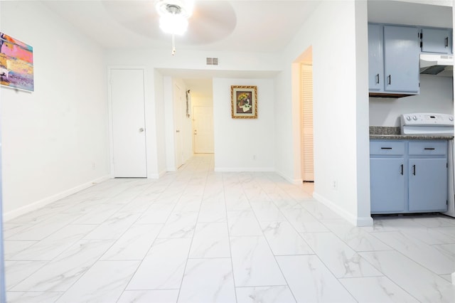 4164 Belle Park Dr Unit 4164, Houston, TX 77072 - kitchen with electric range, a ceiling fan, under cabinet range hood, light marble finish flooring, and baseboards