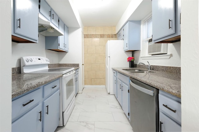 4164 Belle Park Dr Unit 4164, Houston, TX 77072 - kitchen featuring white appliances, a sink, under cabinet range hood, light marble finish flooring, and blue cabinetry