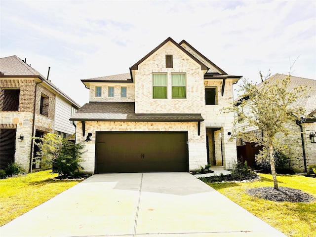 7014 Anacua Berry Cir, Katy, TX 77493 - french country inspired facade with a garage, concrete driveway, roof with shingles, and a front lawn