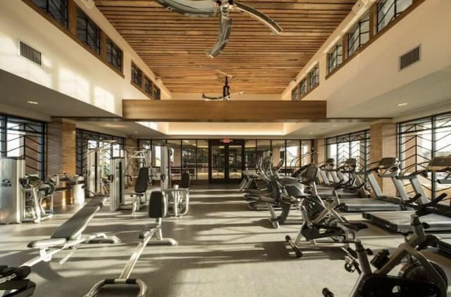 7014 Anacua Berry Cir, Katy, TX 77493 - workout area featuring a high ceiling and wood ceiling