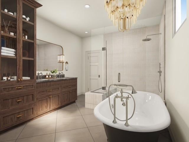 1202 Aurora St, Houston, TX 77009 - full bath featuring a shower stall, a freestanding tub, vanity, a chandelier, and recessed lighting