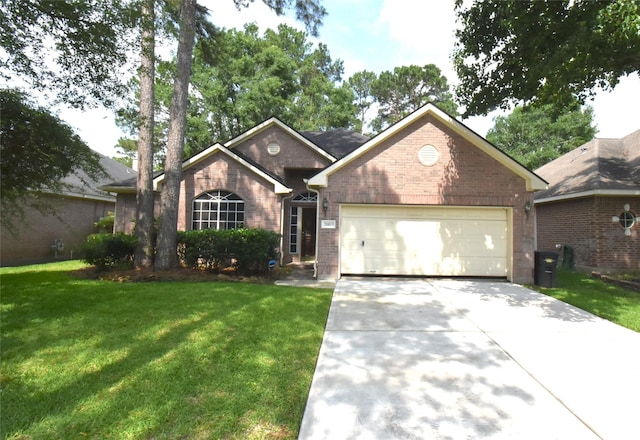 20815 Crimson Oak Trl, Humble, TX 77346 - ranch-style home featuring brick siding, a front lawn, an attached garage, and driveway