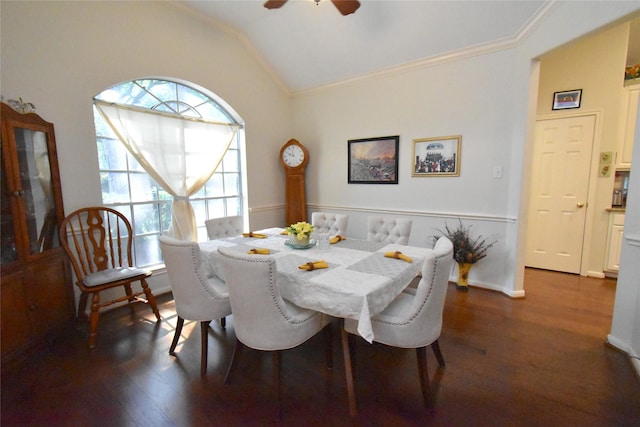 20815 Crimson Oak Trl, Humble, TX 77346 - dining room featuring crown molding, dark wood finished floors, lofted ceiling, ceiling fan, and baseboards