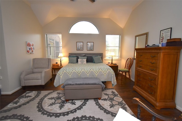 20815 Crimson Oak Trl, Humble, TX 77346 - bedroom featuring lofted ceiling, baseboards, and dark wood-style flooring