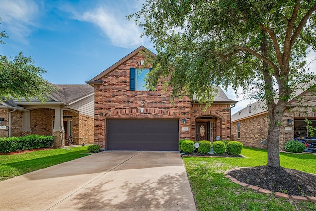 8113 E Pine Creek Bnd, Cypress, TX 77433 - view of front of property featuring a garage, brick siding, and a front lawn