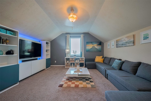 8113 E Pine Creek Bnd, Cypress, TX 77433 - living area with carpet, vaulted ceiling, a textured ceiling, and baseboards
