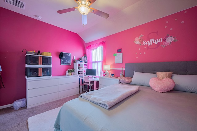 8113 E Pine Creek Bnd, Cypress, TX 77433 - bedroom with carpet, lofted ceiling, and ceiling fan