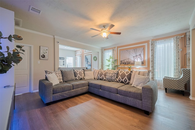 8113 E Pine Creek Bnd, Cypress, TX 77433 - living room with a ceiling fan, hardwood / wood-style flooring, baseboards, and crown molding