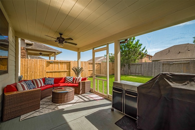 8113 E Pine Creek Bnd, Cypress, TX 77433 - view of patio / terrace with outdoor lounge area, ceiling fan, and a grill