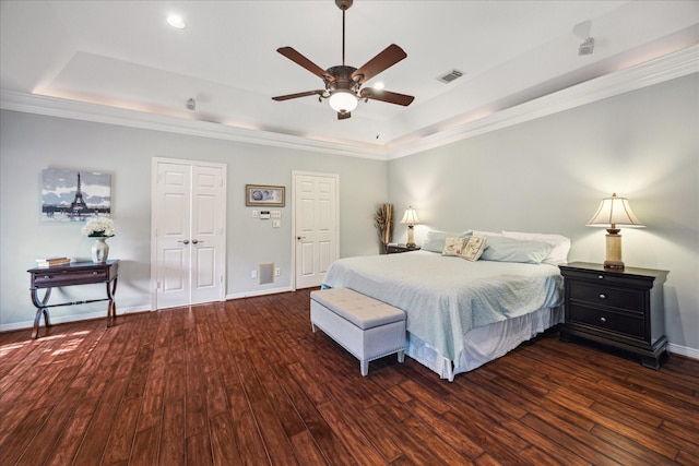 3388 Maroneal St, Houston, TX 77025 - bedroom with a raised ceiling, wood finished floors, baseboards, ornamental molding, and recessed lighting