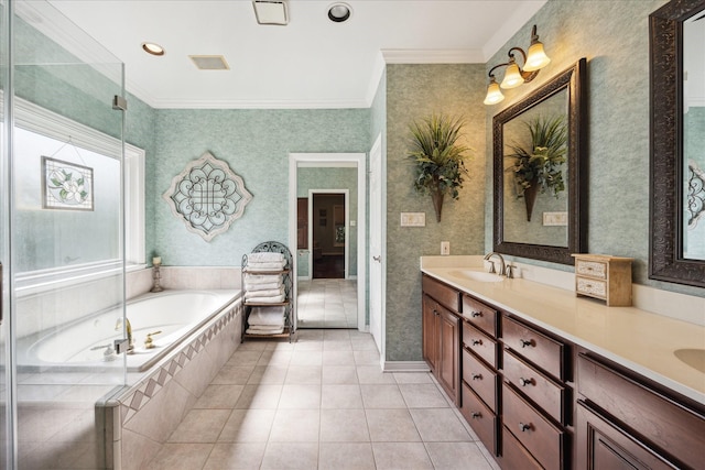 3388 Maroneal St, Houston, TX 77025 - bathroom with crown molding, double vanity, a garden tub, wallpapered walls, and tile patterned floors