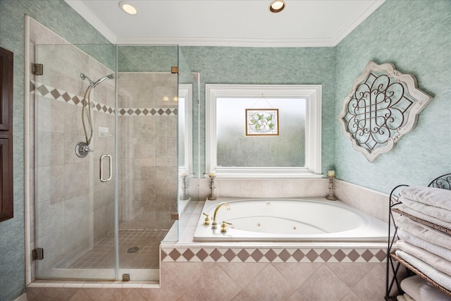 3388 Maroneal St, Houston, TX 77025 - bathroom featuring a stall shower, a jetted tub, ornamental molding, tile patterned flooring, and recessed lighting