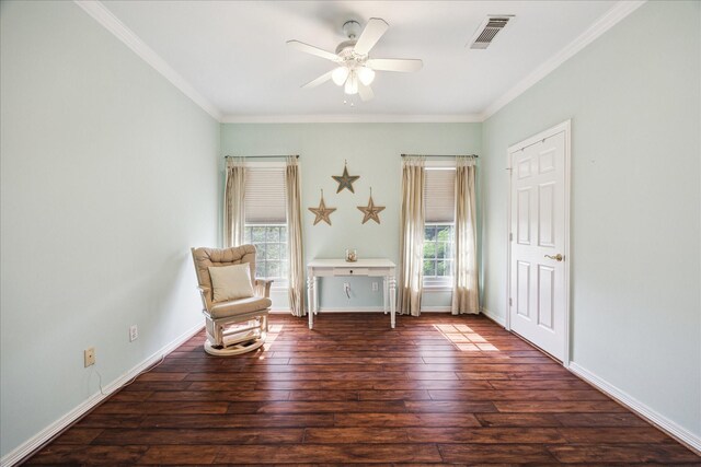 3388 Maroneal St, Houston, TX 77025 - living area with hardwood / wood-style floors, ceiling fan, crown molding, and baseboards