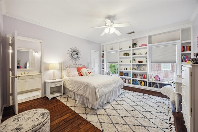3388 Maroneal St, Houston, TX 77025 - bedroom featuring crown molding, multiple windows, wood finished floors, ensuite bathroom, and a ceiling fan