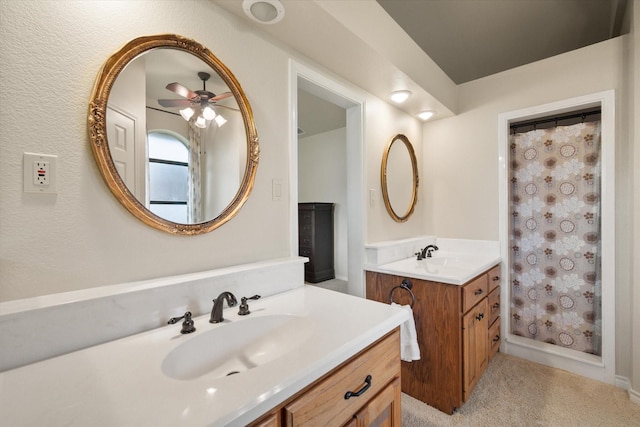 123 June Blvd, Streetman, TX 75859 - full bathroom with a ceiling fan, two vanities, and a shower with shower curtain