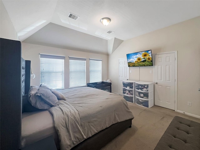 2822 Windy Thicket Ln, Houston, TX 77082 - bedroom featuring light carpet, vaulted ceiling, and baseboards