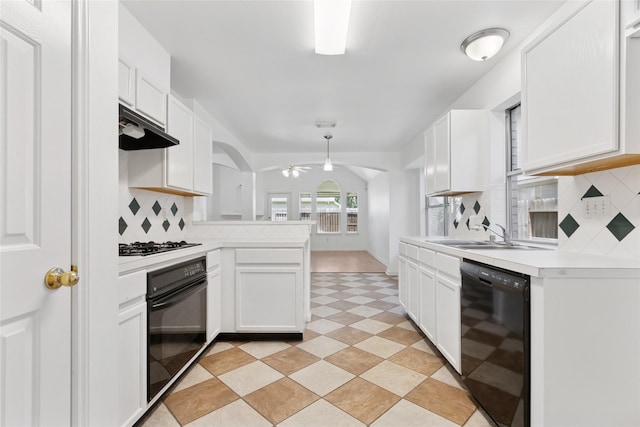 6414 Windmist Cir, Houston, TX 77084 - kitchen featuring black appliances, a sink, under cabinet range hood, and backsplash