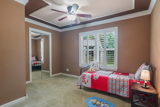 10022 Jan Glen Ln, Houston, TX 77070 - carpeted bedroom featuring ornamental molding, a ceiling fan, and baseboards
