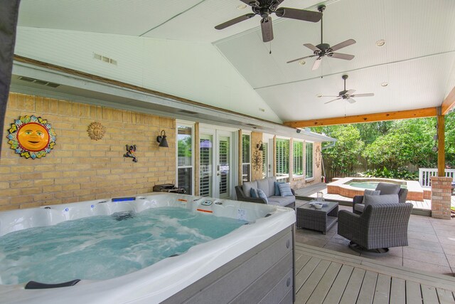 10022 Jan Glen Ln, Houston, TX 77070 - deck with a hot tub, an outdoor living space, a ceiling fan, and french doors