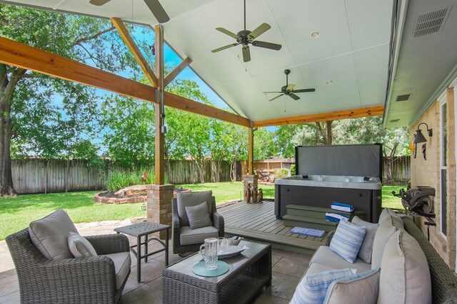 10022 Jan Glen Ln, Houston, TX 77070 - view of patio / terrace with a hot tub, ceiling fan, and an outdoor living space