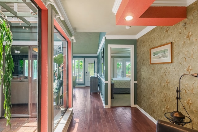 10022 Jan Glen Ln, Houston, TX 77070 - corridor featuring ornamental molding, hardwood / wood-style flooring, and baseboards