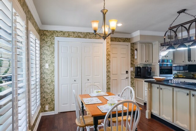 10022 Jan Glen Ln, Houston, TX 77070 - dining space with wallpapered walls, dark wood finished floors, a chandelier, baseboards, and crown molding