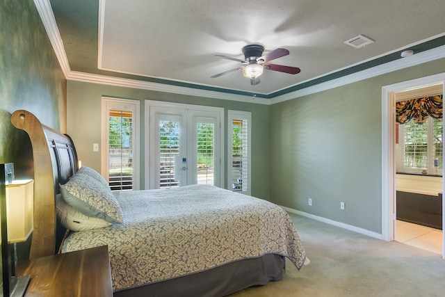 10022 Jan Glen Ln, Houston, TX 77070 - bedroom with light carpet, access to exterior, crown molding, baseboards, and ceiling fan