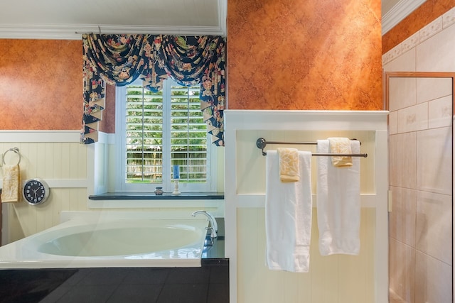 10022 Jan Glen Ln, Houston, TX 77070 - full bathroom with crown molding, a garden tub, and a wainscoted wall