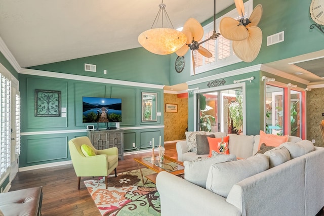 10022 Jan Glen Ln, Houston, TX 77070 - living room featuring high vaulted ceiling, hardwood / wood-style floors, ornamental molding, a ceiling fan, and baseboards