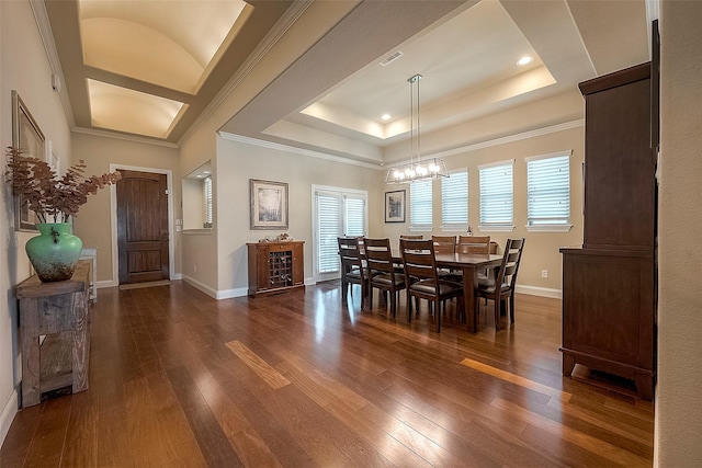 618 Santa Elena Cyn, Spring, TX 77388 - dining room with baseboards, a chandelier, dark wood finished floors, a raised ceiling, and recessed lighting