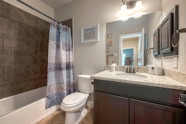 618 Santa Elena Cyn, Spring, TX 77388 - full bathroom with toilet, tile patterned floors, a textured wall, shower / tub combo with curtain, and vanity