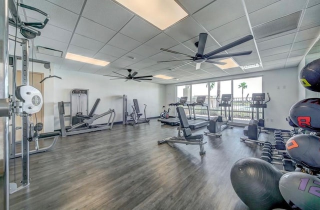 2338 Vanessa Cay Ln, La Porte, TX 77571 - exercise room featuring wood finished floors, a paneled ceiling, and ceiling fan