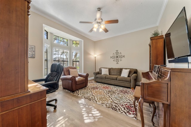 17326 Meadow Heights Dr, Houston, TX 77095 - home office featuring light wood finished floors, a ceiling fan, crown molding, and baseboards