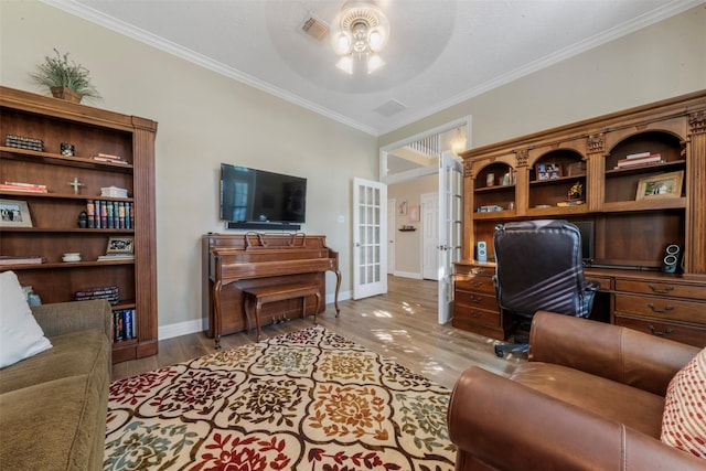 17326 Meadow Heights Dr, Houston, TX 77095 - home office with ceiling fan, ornamental molding, wood finished floors, french doors, and baseboards