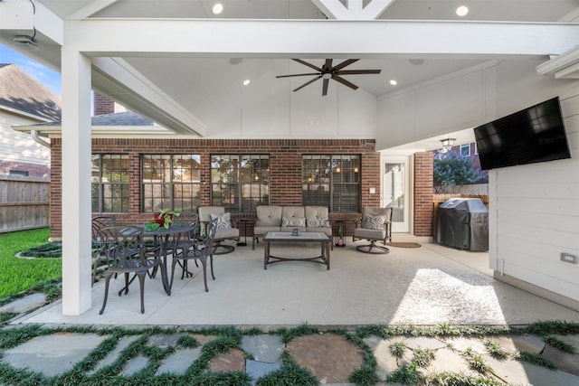 17326 Meadow Heights Dr, Houston, TX 77095 - view of patio with ceiling fan, fence, grilling area, and an outdoor hangout area
