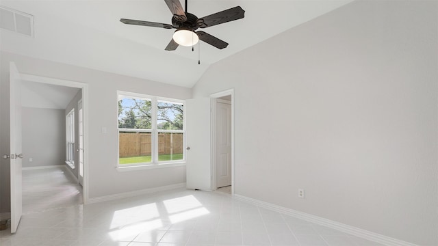 4007 Green Crest Dr, Houston, TX 77082 - spare room featuring vaulted ceiling, a ceiling fan, baseboards, and light tile patterned flooring