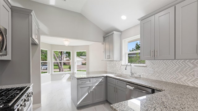 4007 Green Crest Dr, Houston, TX 77082 - kitchen featuring gray cabinetry, a sink, stainless steel appliances, light stone countertops, and light marble finish floors