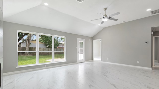 4007 Green Crest Dr, Houston, TX 77082 - empty room featuring light marble finish flooring, lofted ceiling, ceiling fan, recessed lighting, and baseboards