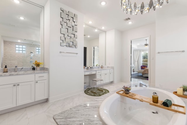 ensuite bathroom featuring a walk in shower, a jetted tub, baseboards, vanity, and ceiling fan