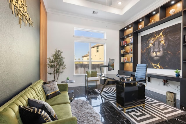 office space featuring crown molding, baseboards, recessed lighting, marble tiled floors, and a raised ceiling