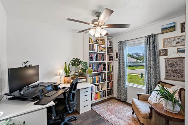 2117 Heritage Meadow Ln, Bryan, TX 77803 - office with healthy amount of natural light, dark wood-type flooring, and ceiling fan