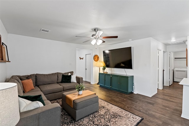 2117 Heritage Meadow Ln, Bryan, TX 77803 - living area with washer / clothes dryer, a ceiling fan, dark wood finished floors, and baseboards