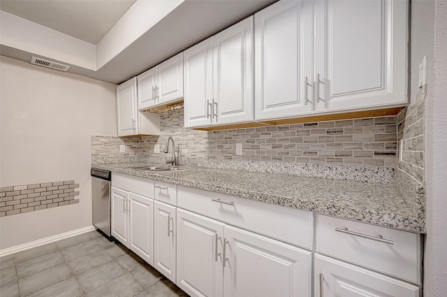 2818 S Bartell Dr Unit 39, Houston, TX 77054 - kitchen featuring a sink, dishwasher, decorative backsplash, white cabinets, and light stone countertops