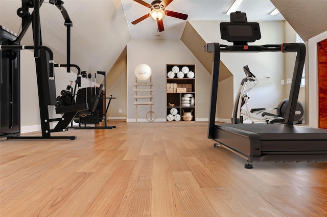 2714 W Trail Ct, Richmond, TX 77406 - workout room featuring ceiling fan, wood finished floors, and baseboards