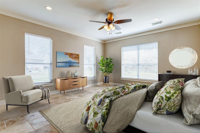 2714 W Trail Ct, Richmond, TX 77406 - bedroom with baseboards, a ceiling fan, light tile patterned flooring, and recessed lighting