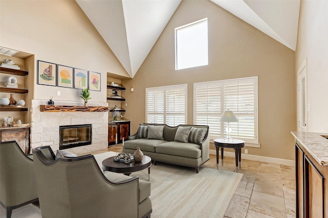 2714 W Trail Ct, Richmond, TX 77406 - living area with high vaulted ceiling, healthy amount of natural light, baseboards, a fireplace, and built in features